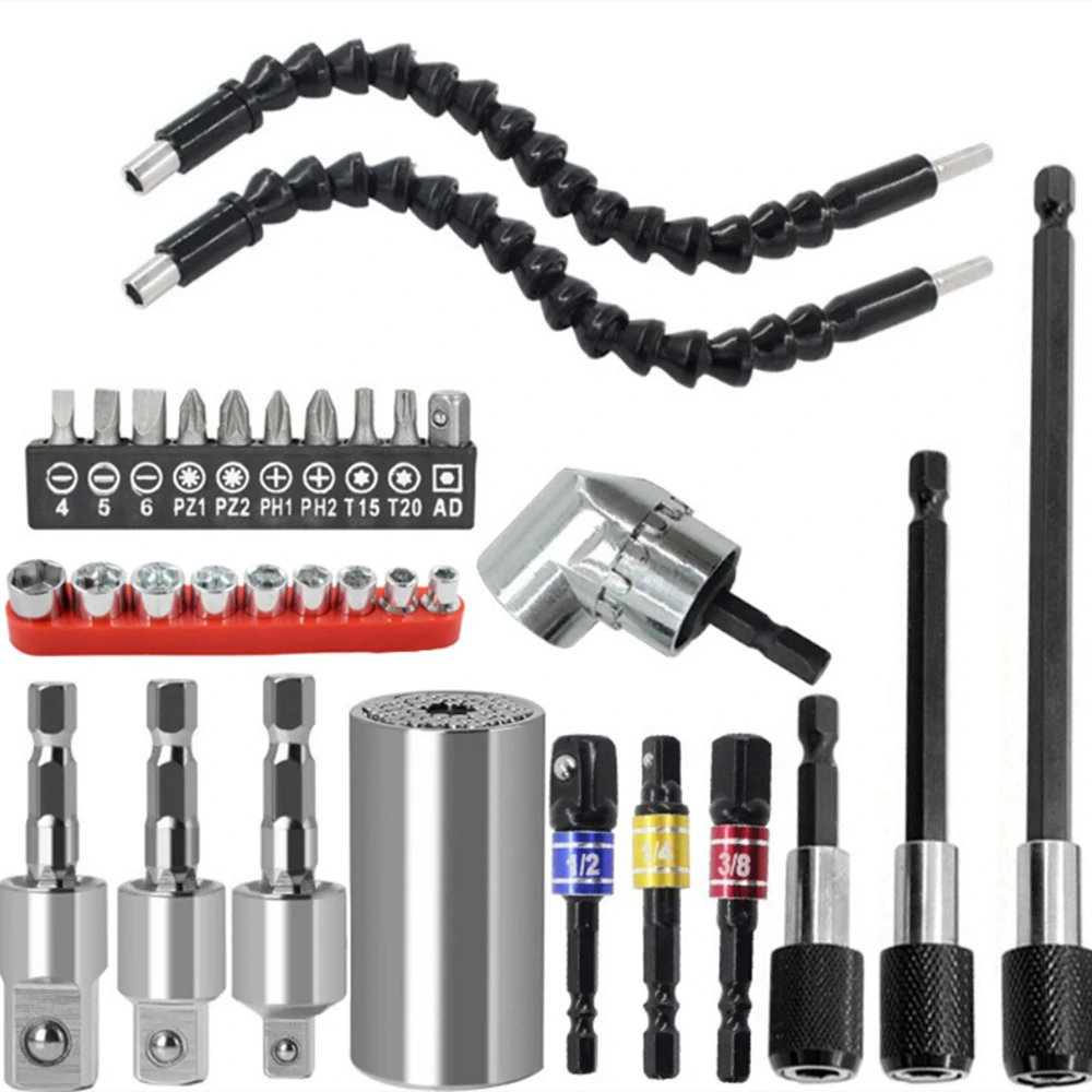 Flexible Drill Extension Set - 16 to 32pc Hex Shank Nut Driver & Socket Adapter Bits
