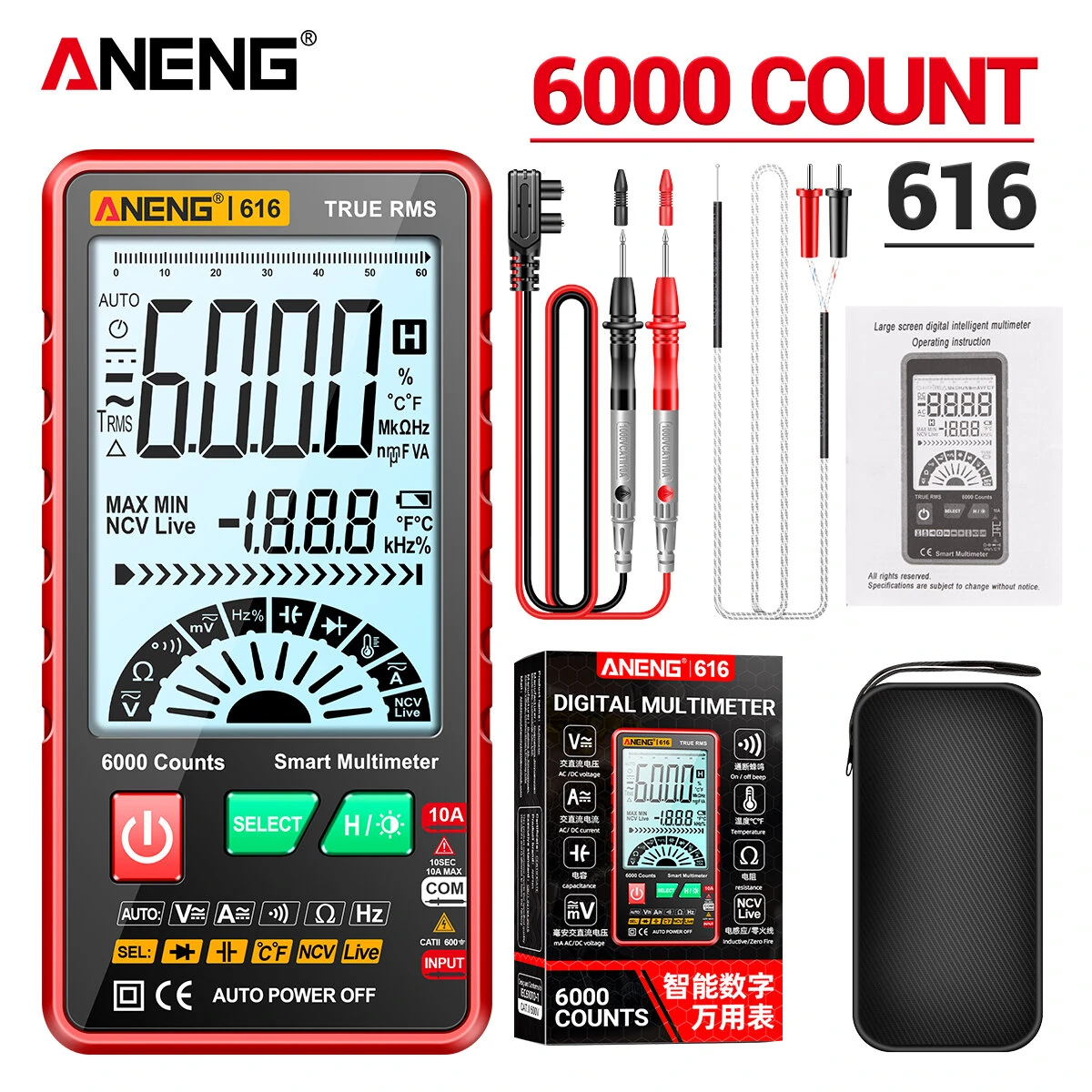 ANENG 616 Digital Multimeter - 6000 Counts Large Backlit Screen | AC DC Voltage Current Tester