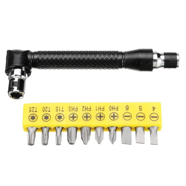 L Shaped Screwdriver Wrench - 1/4 Inch Hex with 10-Piece Bit Set