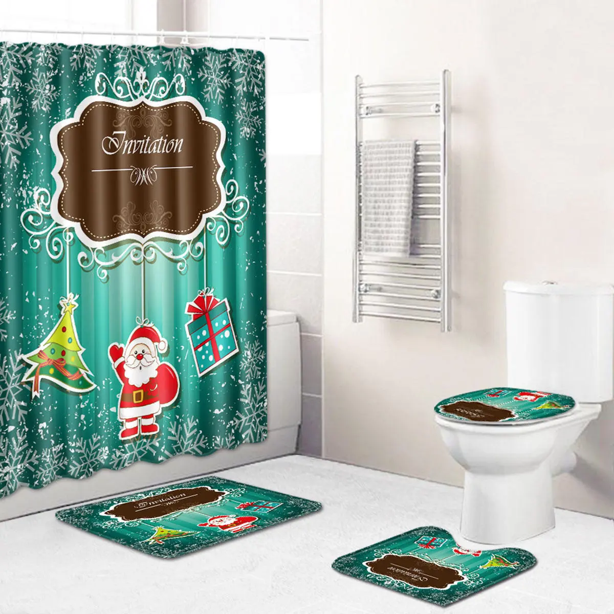 Santa Claus Christmas Shower Curtain Set - Bath Mat & Toilet Lid Cover