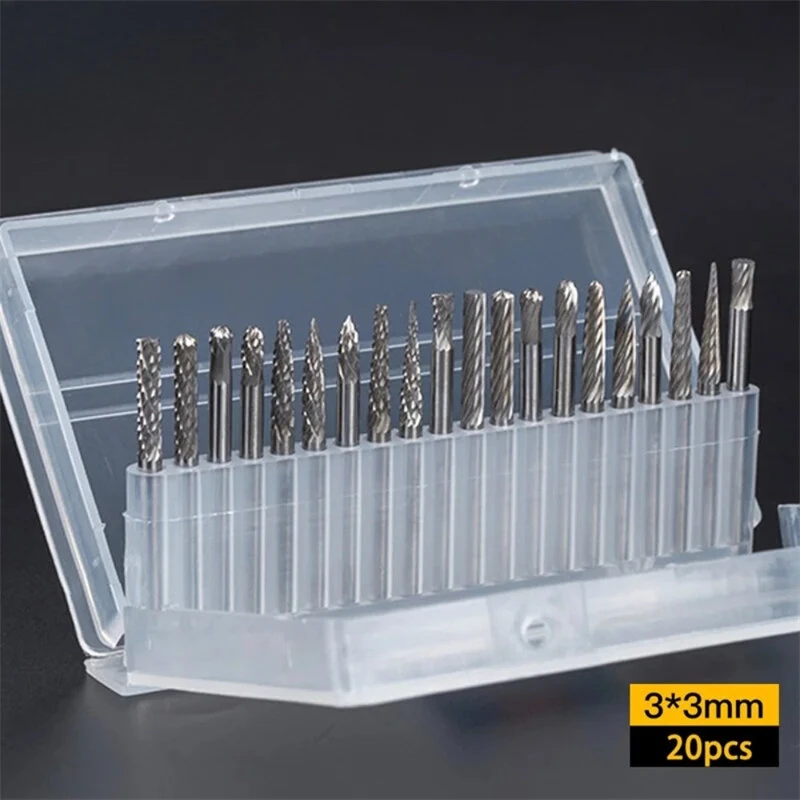 Carbide Rotary Burr Set - 20pcs Double Cut Tungsten Steel Bits | 3mm Shank
