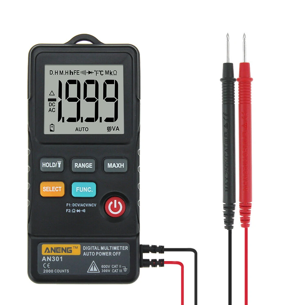 ANENG AN301 True RMS Digital Multimeter - 1999 Counts, Push Button, Flashlight