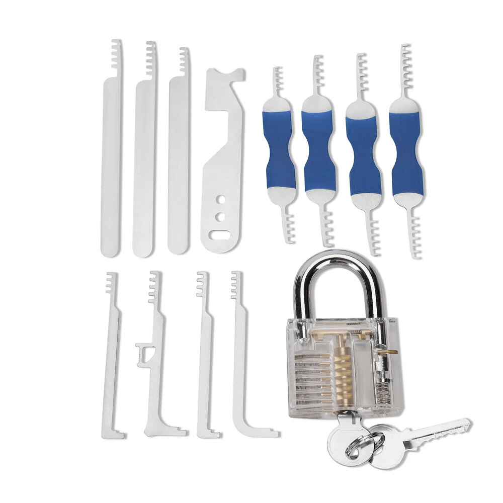 13PCS Lock Picking Practice Kit with Transparent Padlock | 4 Comb & 4 Hook Picks | Stainless Steel ABS Handles for Beginners