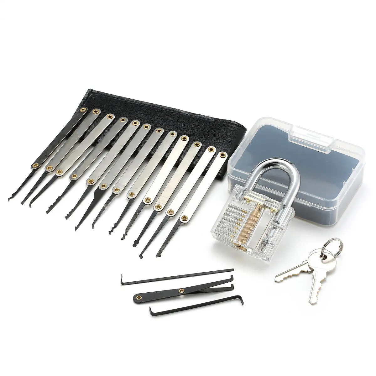 15Pcs Lock Picks Set with Practice Padlock & Key Extractor Tool | Transparent Training Kit