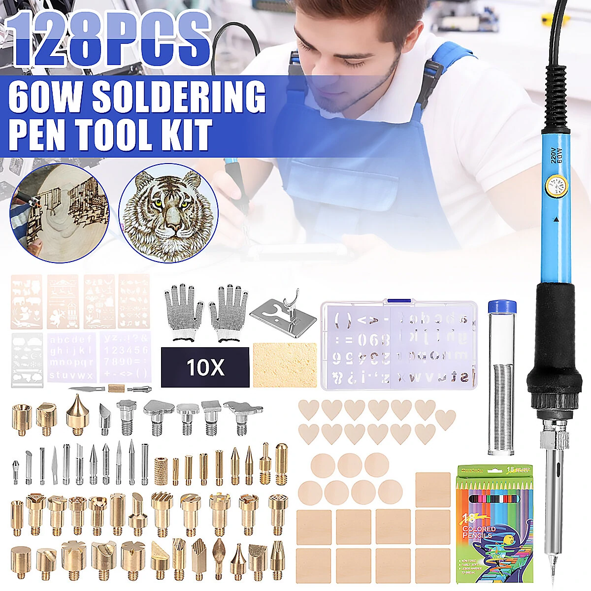 60W Electric Soldering Iron Kit - 128Pcs with Wood Burning Pen for Engraving & Pyrography