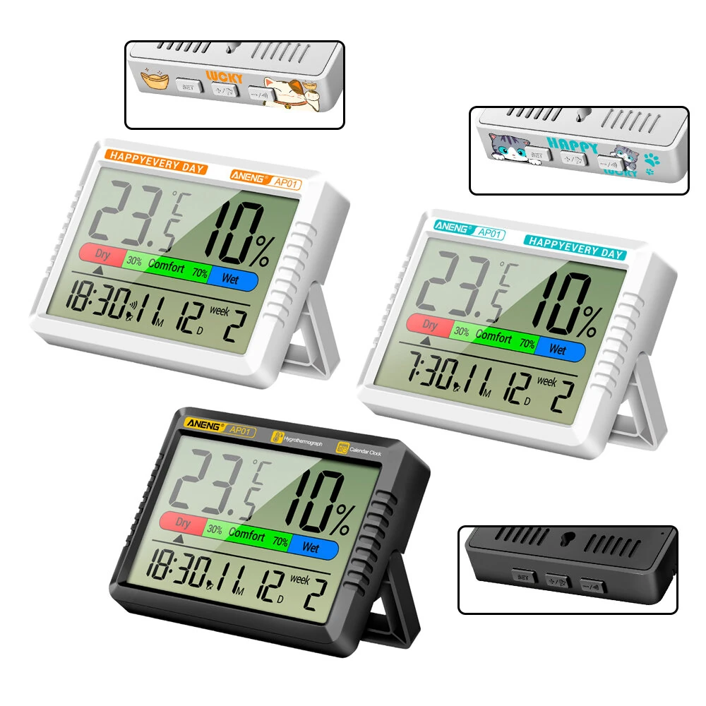 ANENG AP01 Hygrometer - LCD Display Clock Calendar | Temperature & Humidity Monitor for Home Office