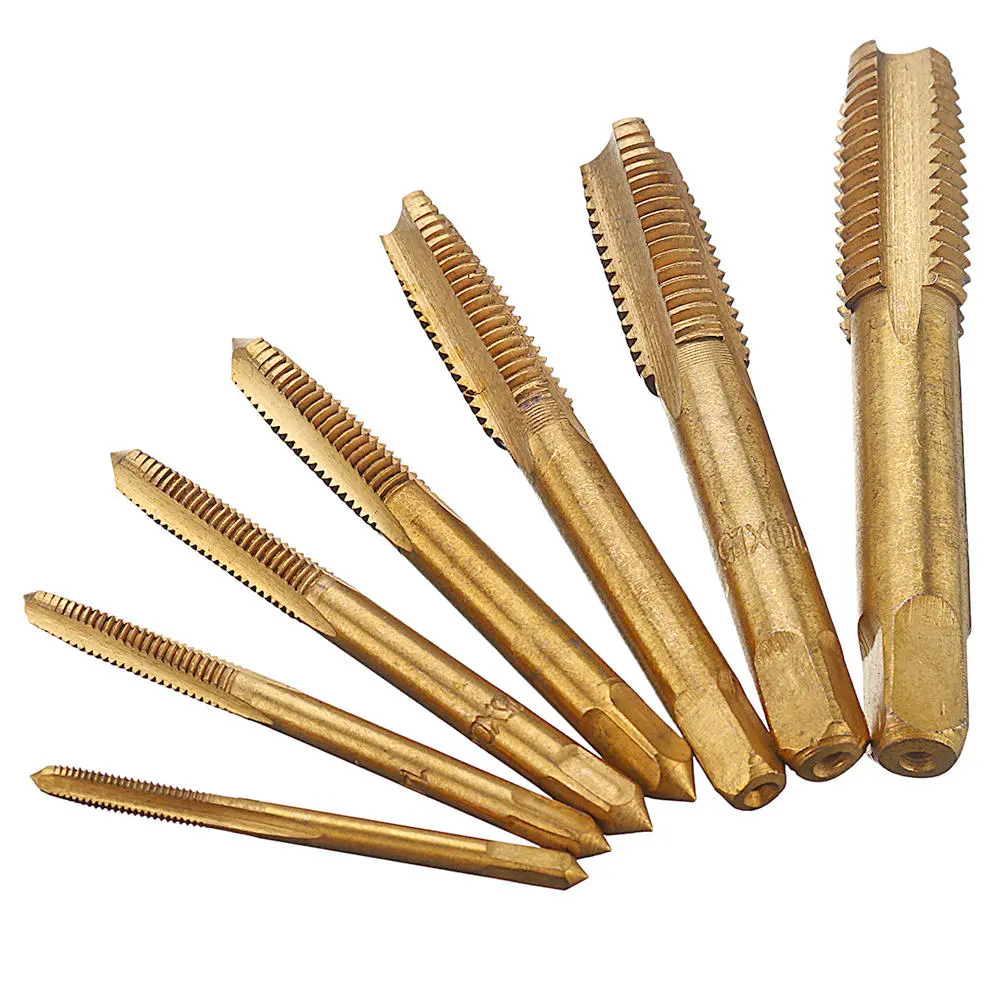 7pcs M3-M12 Machine Screw Plug Tap Set | Steel Titanium Coated | Straight Flute Hand Taps