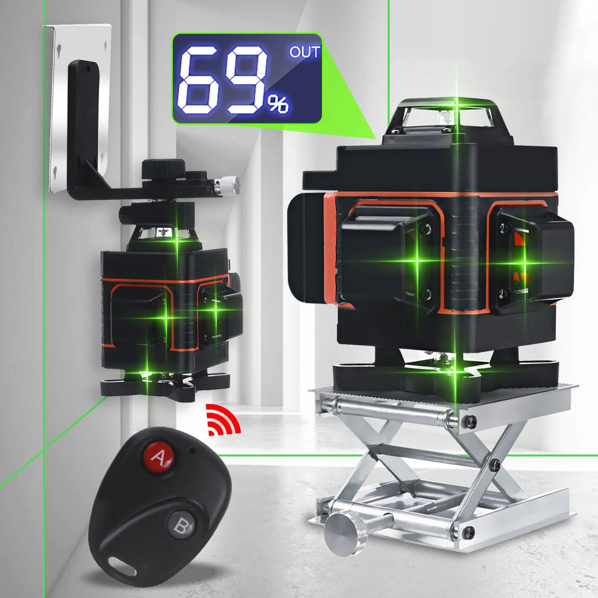 Green Self-Leveling Laser Level - 8/12/16 Line 360° Rotary - Digital Display