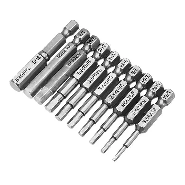 Broppe 10pcs SAE 5/64-5/16 Hex Head Screwdriver Bits 1/4 Shank Magnetic
