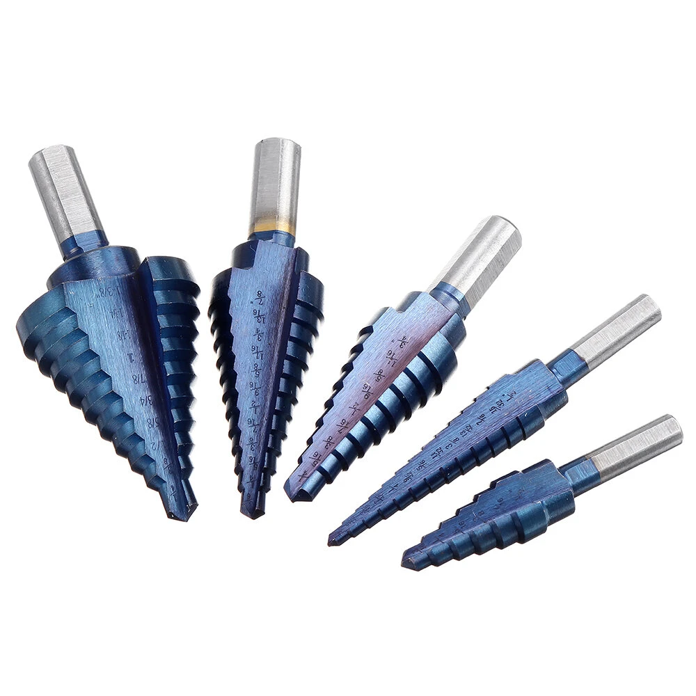 Drillpro 5pcs HSS Step Drill Bit Set - Blue Nano Coating | 1/8 to 1-3/8 Inch | 50 Sizes with Case