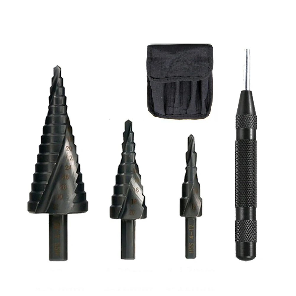 3Pcs HSS Spiral Flute Step Drill Bit Set | Triangle Shank & Center Punch