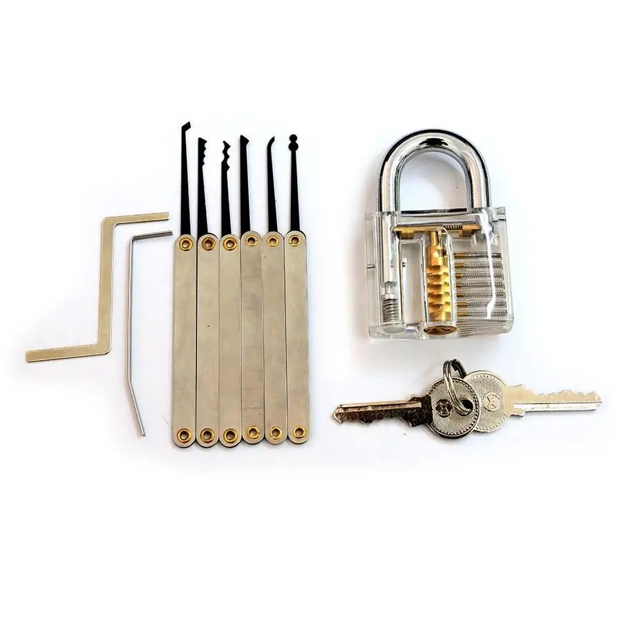 Practice Padlock with Lock Pick Set - 6 Tools & Key Extractor | Transparent