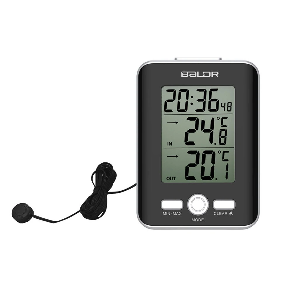 Baldr E0129ST2C Digital Thermometer Clock | Indoor Outdoor LCD Display