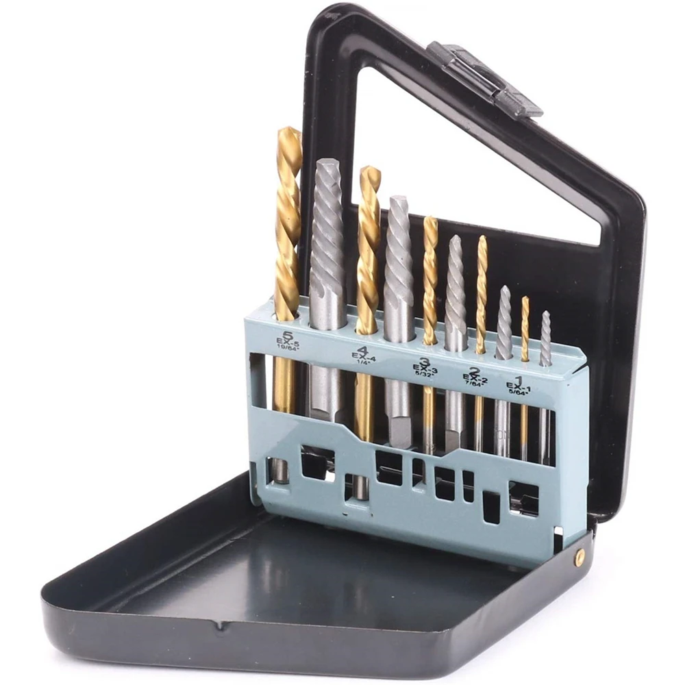 Drillpro 10Pcs HSS Screw Extractor Set | EX1-EX5 & Left Hand Drill Bits