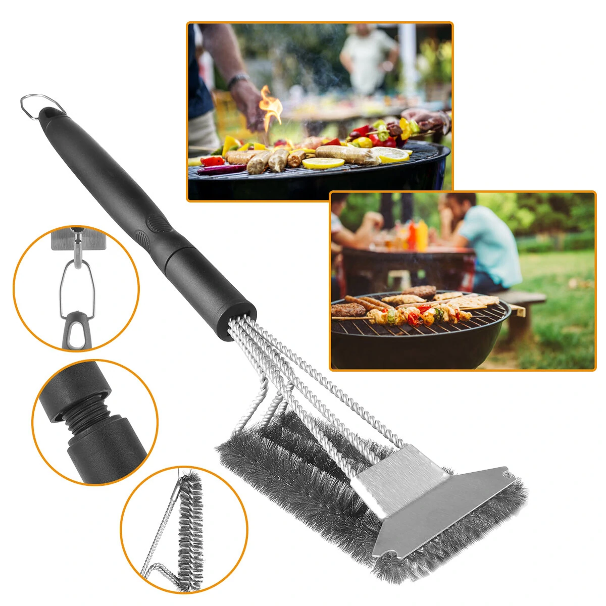 45cm 3-Head BBQ Grill Cleaning Brush - Steel Wire Heads - Oven Grill Tool