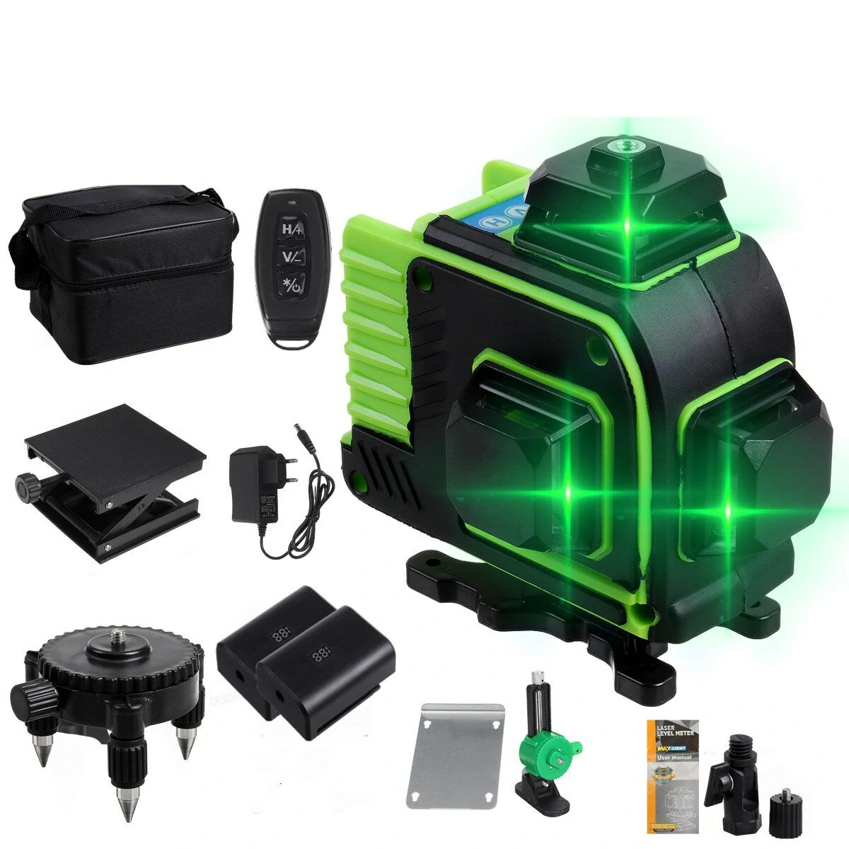 4D 16 Lines Green Laser Level - 360° Self Rotary Leveling Tool with 2 Batteries