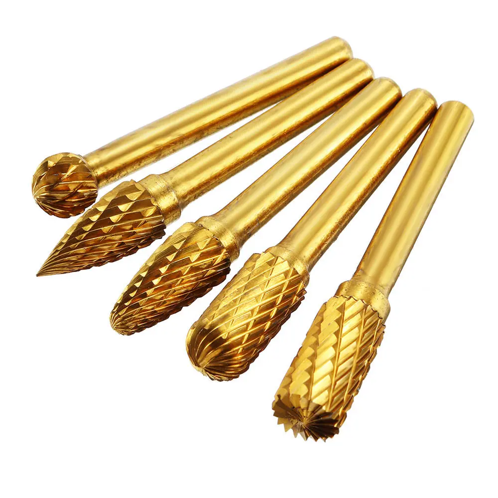 5pcs 6x10mm Tungsten Steel Drill Bit Titanium Coated Titanium Coated Burrs Tool