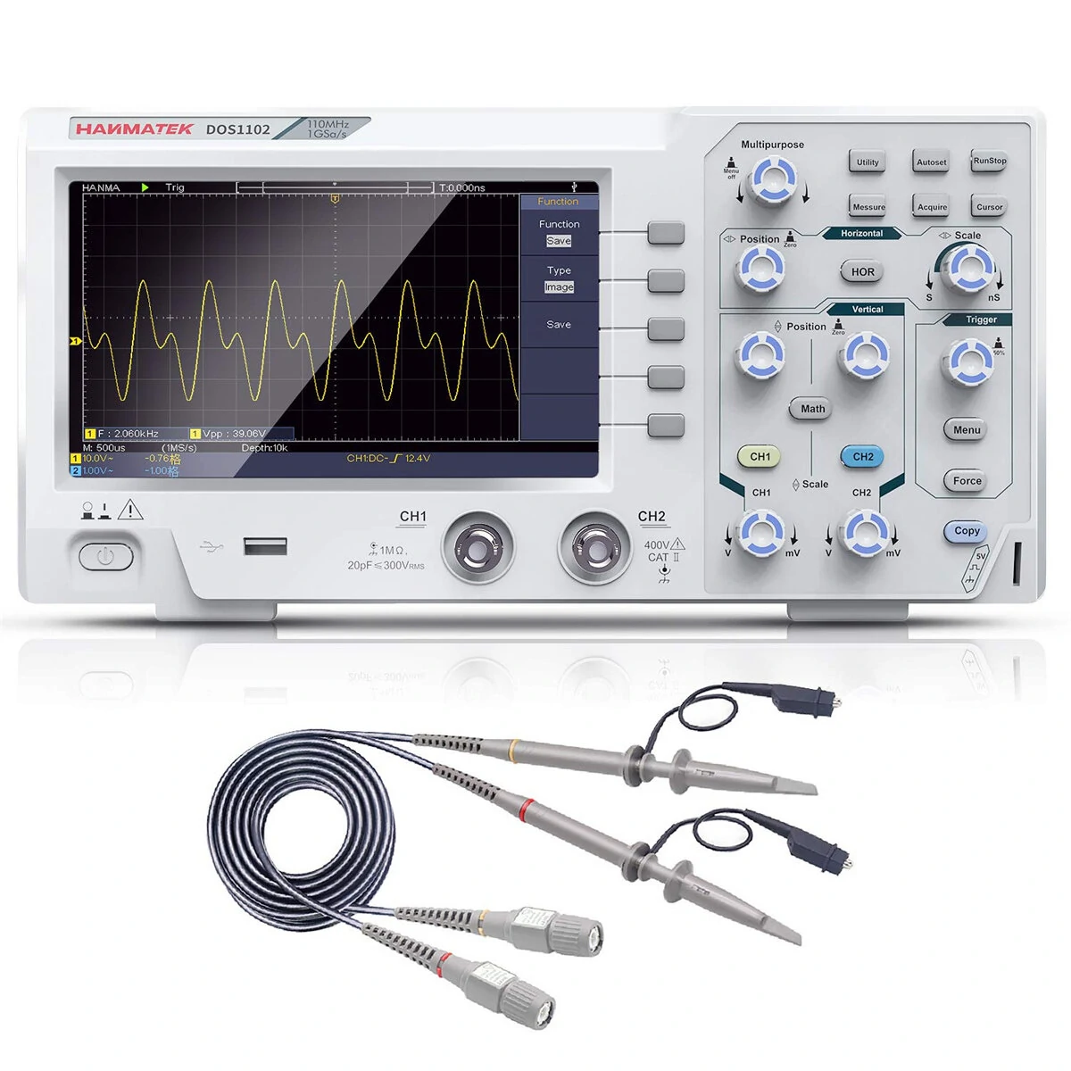 HANMATEK DOS1102 Digital Oscilloscope - 110MHz, 500MS/s, 7 Display, Dual Channel