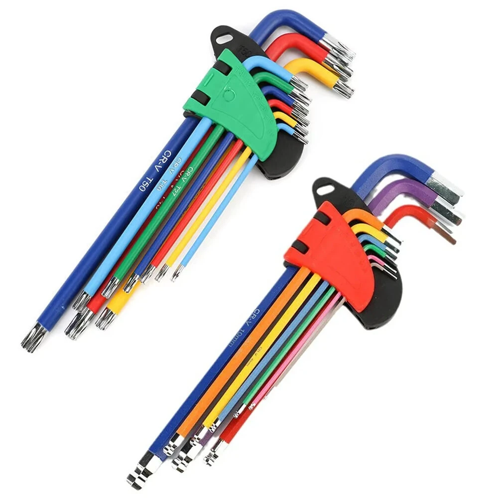 S2 Alloy Steel L-Shaped Wrench Set - 9pcs Ball Head & M-Type - Color Coded