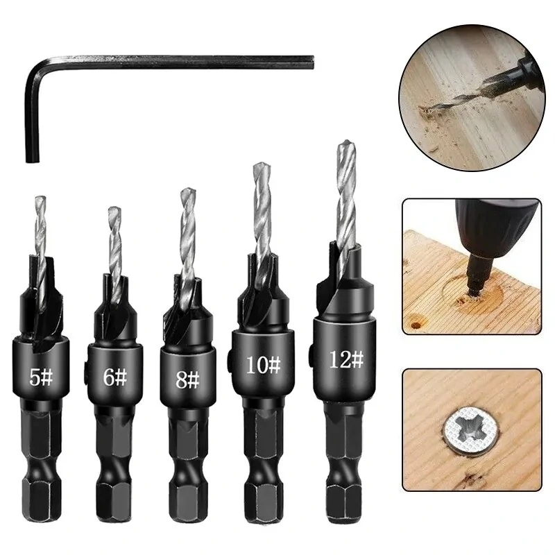 5PCS Countersink Drill Bit Set with Wrench | #5 #6 #8 #10 #12 Screw Sizes | Hex Shank Woodworking Tools