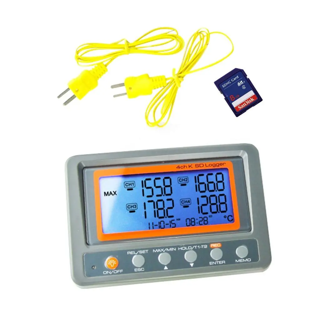 4 Channel K-Type Thermocouple Thermometer | -328 to 2498°F/C | SD Card & Wallmount Recorder