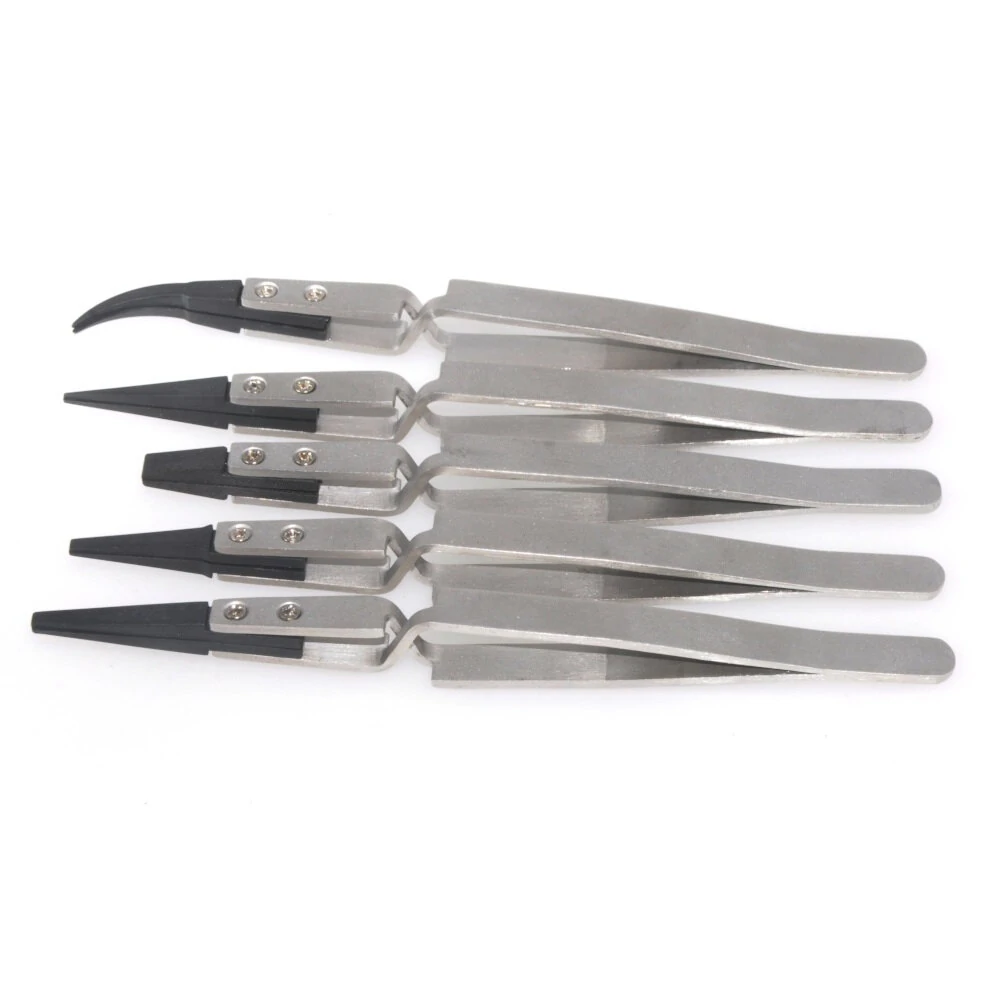 ESPLB Silver-Black Reverse Tweezers - 5PCS Set with Plastic Tips - Stainless Steel