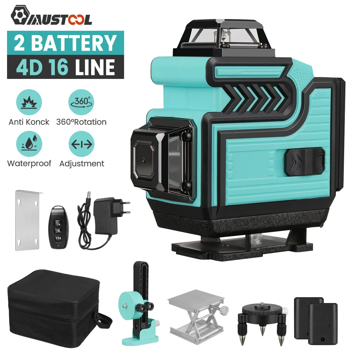 MUSTOOL 4D Laser Level - 16 Lines Green Beam - 360° Self-Leveling with Dual Batteries