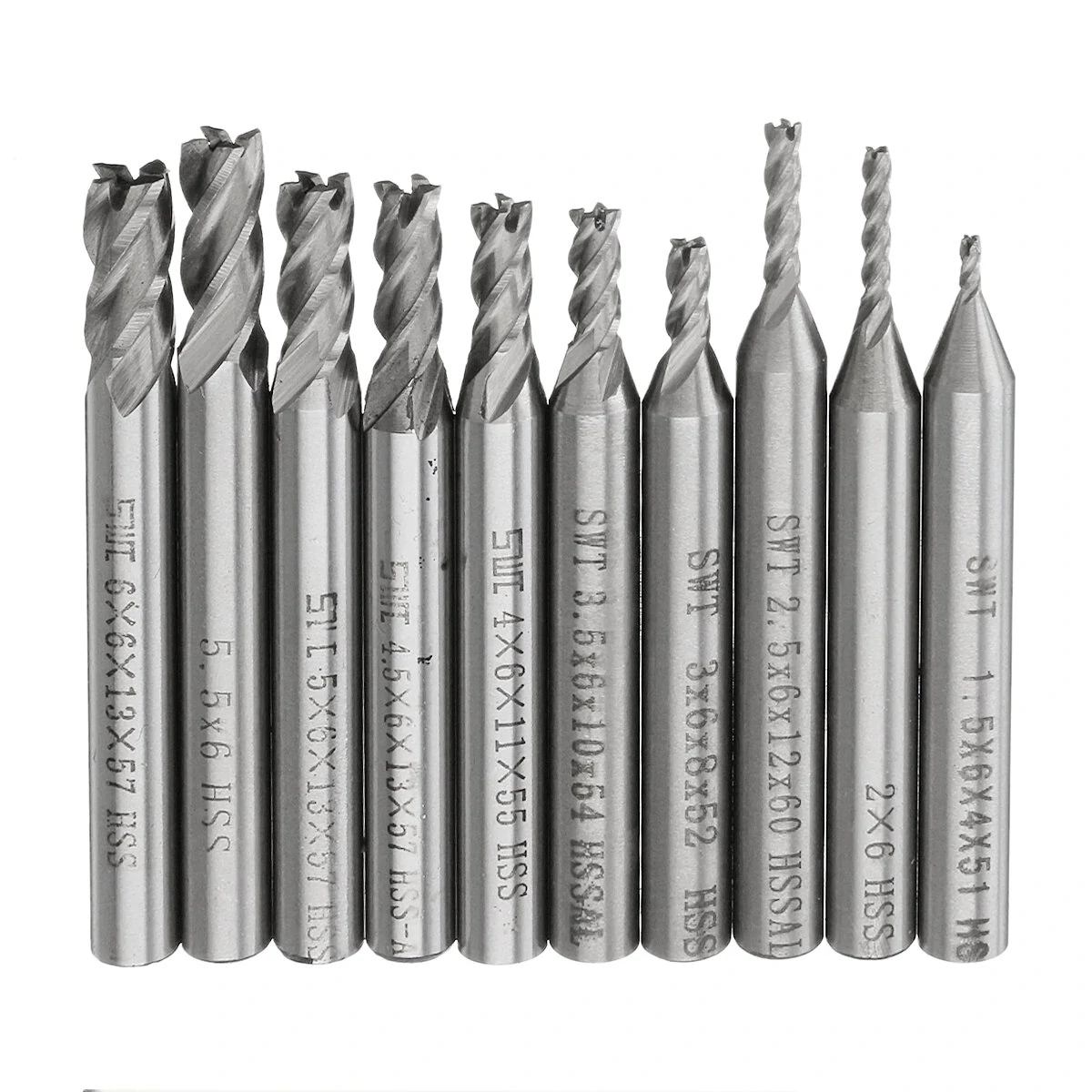 Drillpro 10pc 1.5-6mm HSS 4 Flute End Mill 6mm Shank CNC Drill Bit Set