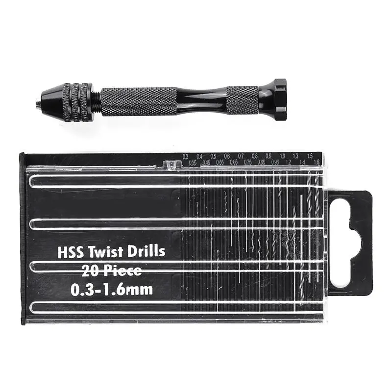 Mini Micro Hand Drill | 20-Piece Bit Set 0.3-1.6mm | Keyless Chuck Pin Vise