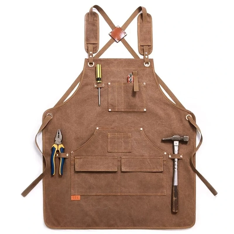 Durable Heavy Duty Waxed Canvas Work Apron | Unisex with Tool Pockets & Cross-Back Straps for Woodworking & Painting