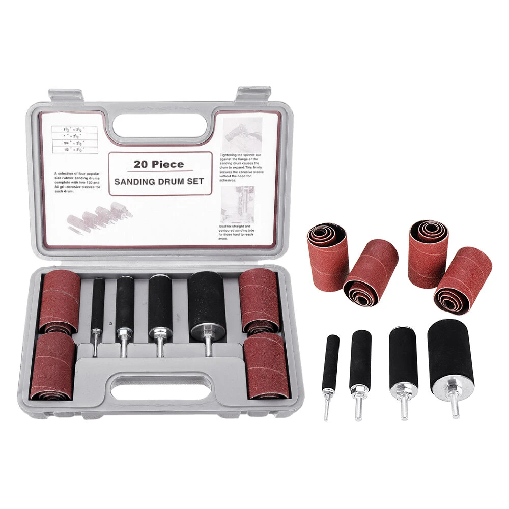 20Pcs Sanding Drum Kit - 80/120 Grit Rubber Mandrels for Drill Press Woodworking