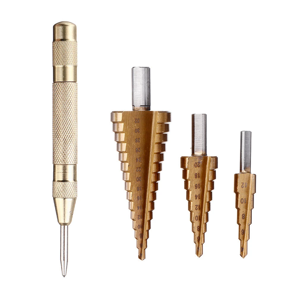 Drillpro 4pc HSS Titanium Step Drill Bit Set | 4-32mm with Center Punch