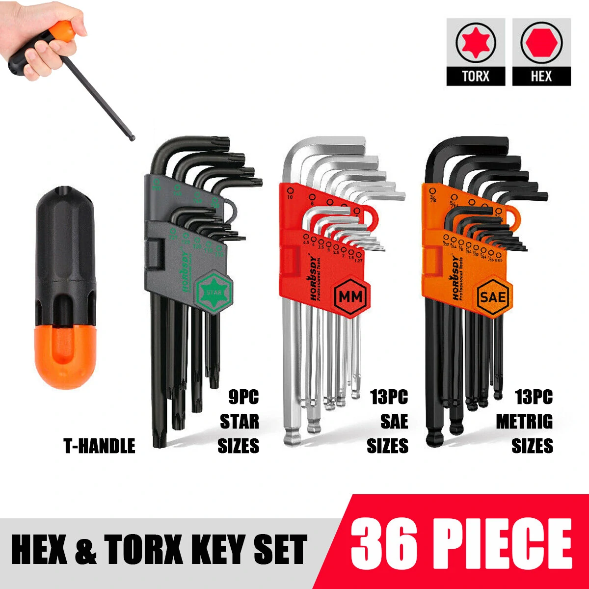 36Pcs Hex & Torx Key Set | Ball-End Allen Wrench | Metric & Imperial