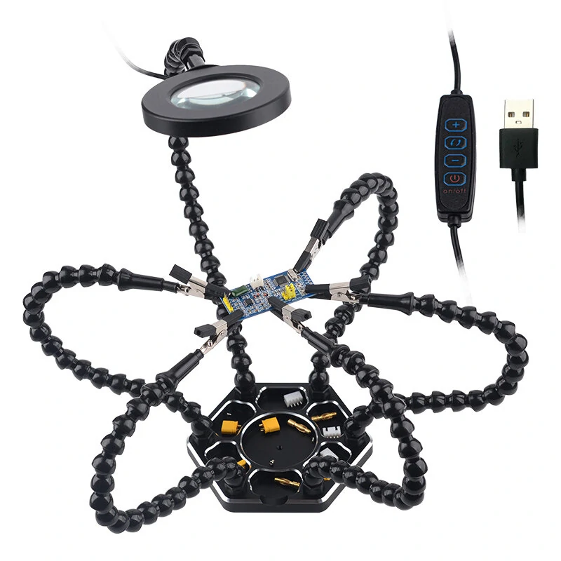 Desk Clip Magnifier with LED Light | 3X Magnifier & 6 Flexible Arms | PCB Soldering Tool