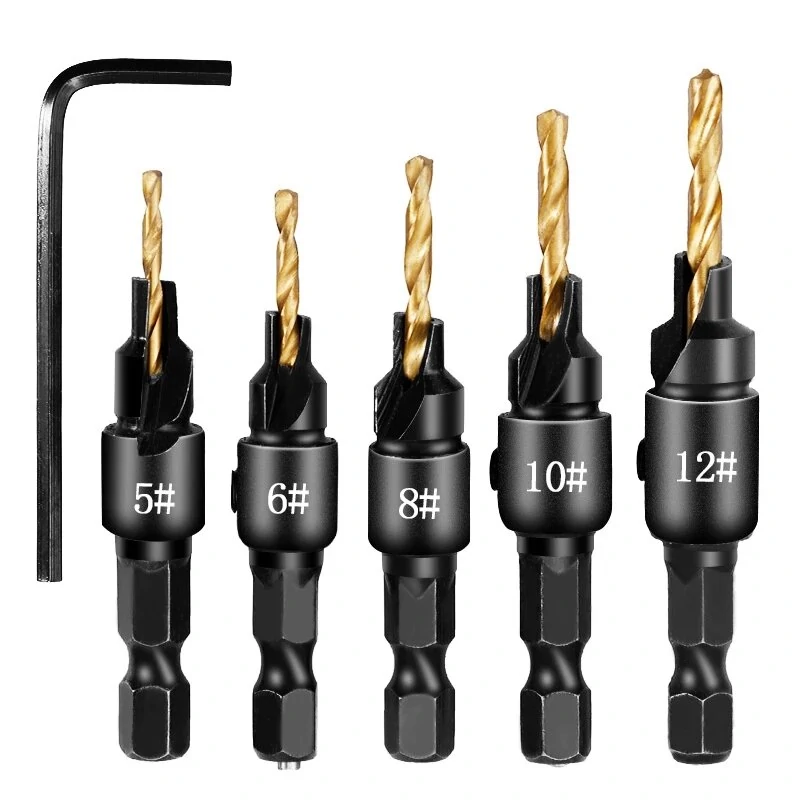 5pcs Countersink Drill Bit Set for Screw Sizes #5 #6 #8 #10 #12 | Pilot Holes