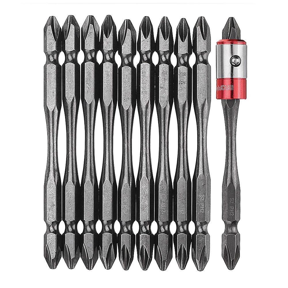 BROPPE 11Pcs PH2 S2 Alloy Steel Screwdriver Bit Set - 100mm Double Head with Magnetic Ring