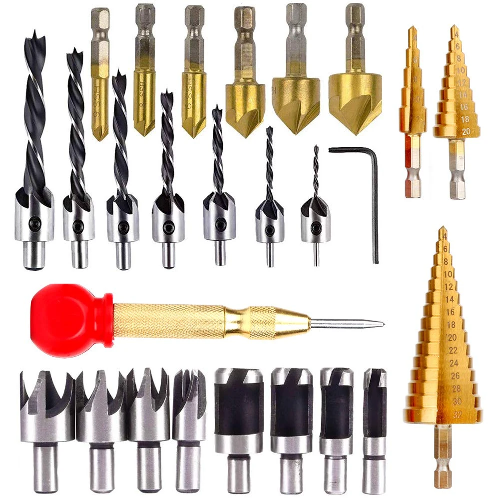 Drillpro 25pcs Chamfer Countersink Drill Bit Set | 5 Flute 90 Degree Step Bits