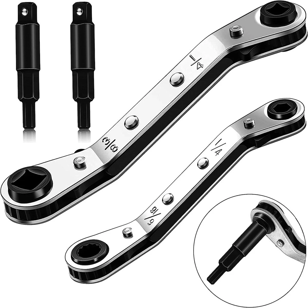 HVAC Service Wrench Tool - 3/16 to 3/8 Valve Ratchet Wrench with 2 Bit Adapter Kit
