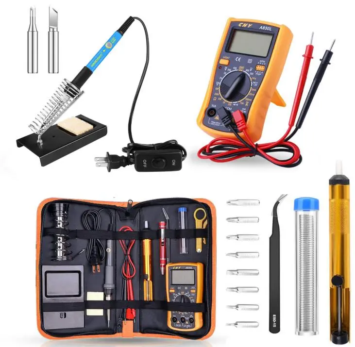 60W Adjustable Temperature Electric Solder Iron Kit - 13Pc Set with Multimeter