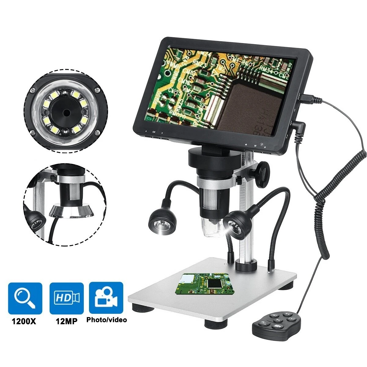 DM9 7 Inch 1200X Portable Digital Microscope - 8 LED Lights with Remote & Fill Light