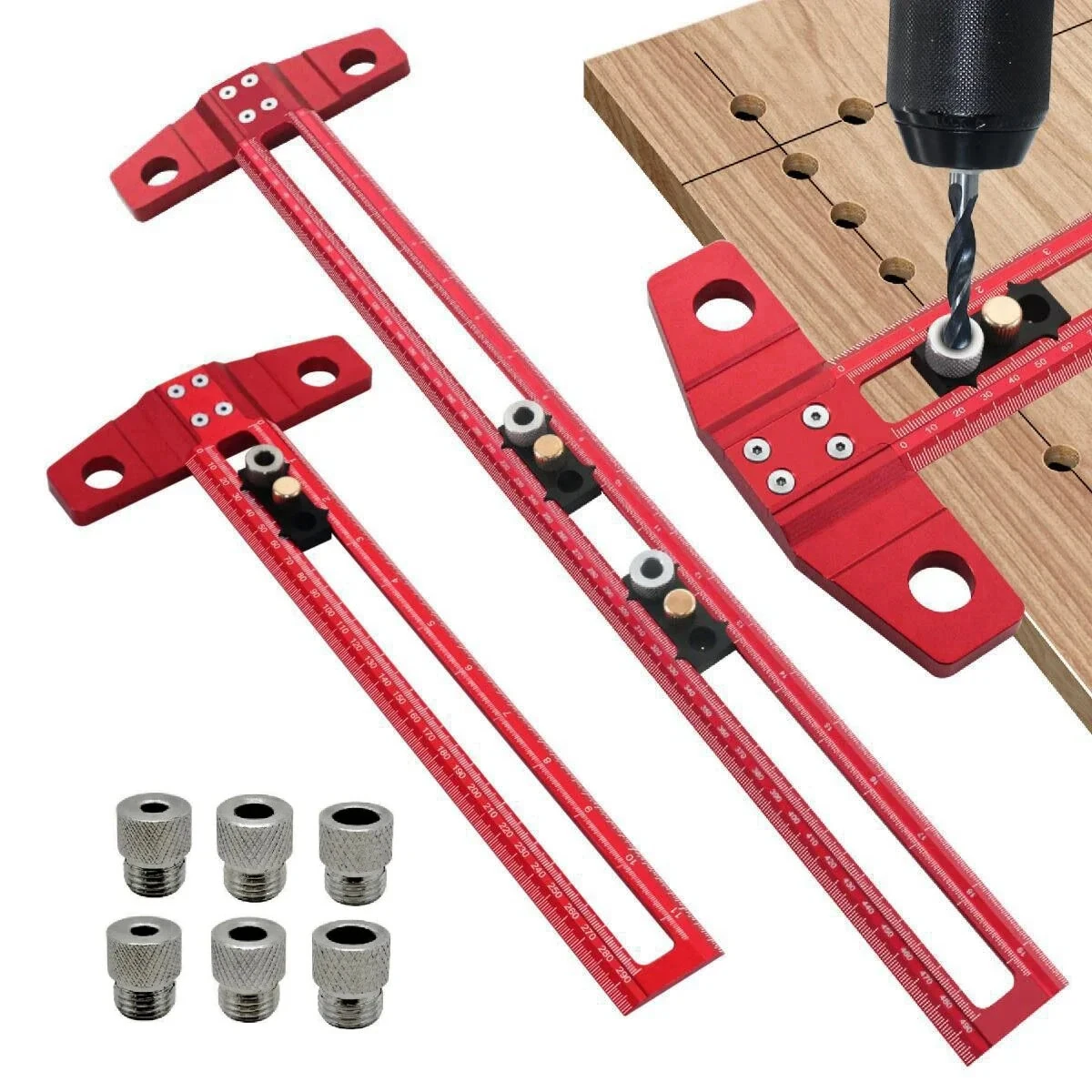 2 in 1 Woodworking Drilling Jig & Scribing Ruler | Aluminum T-Square with Metric/Inch Scale