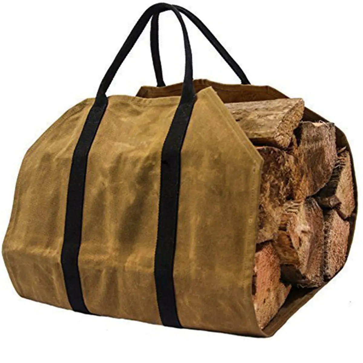 Waxed Canvas Firewood Carrier - Khaki Log Carrier Tool Bag for Fireplace