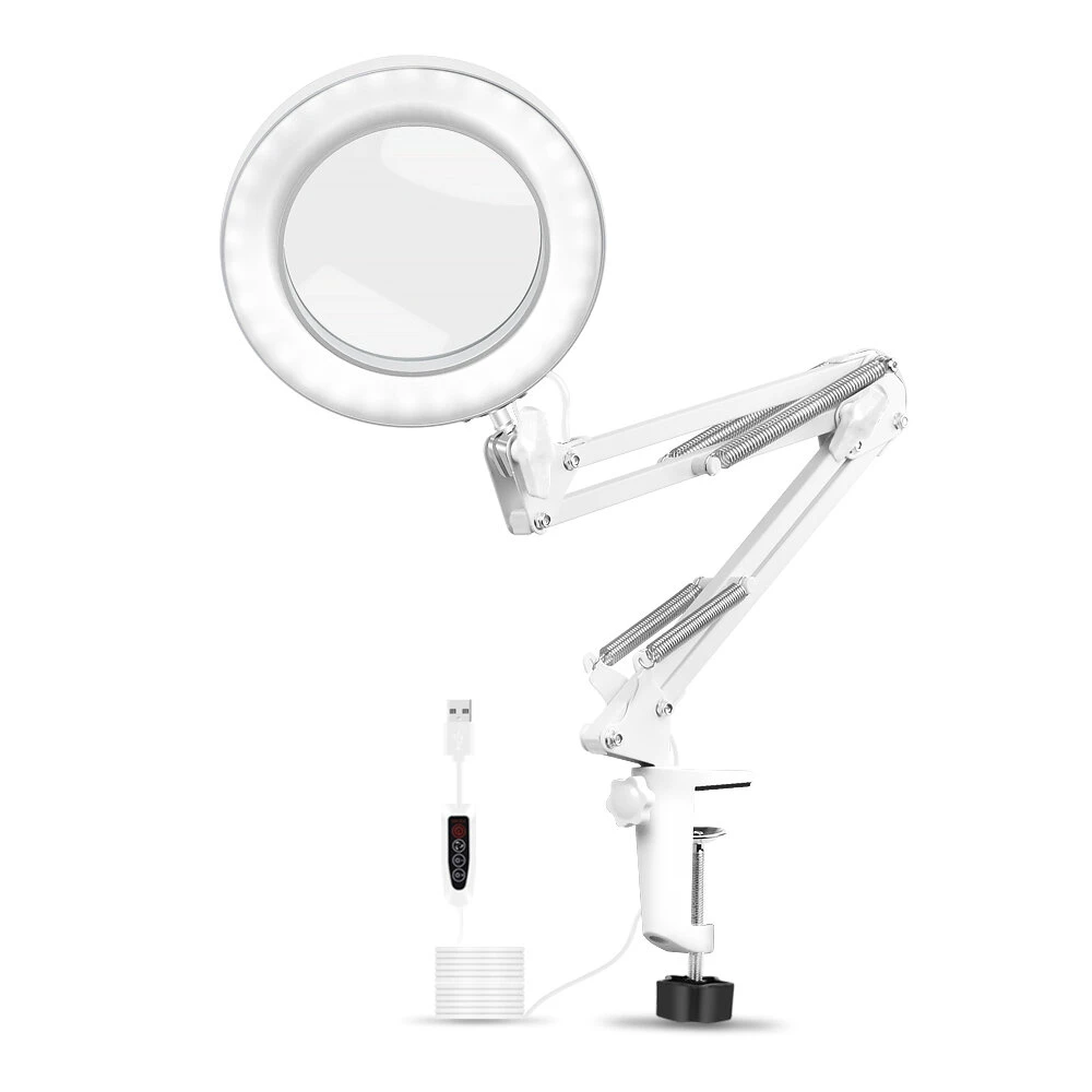LED Magnifying Lamp - 5X Glass Lens, 3 Color Modes, Metal Swing Arm Desk Light