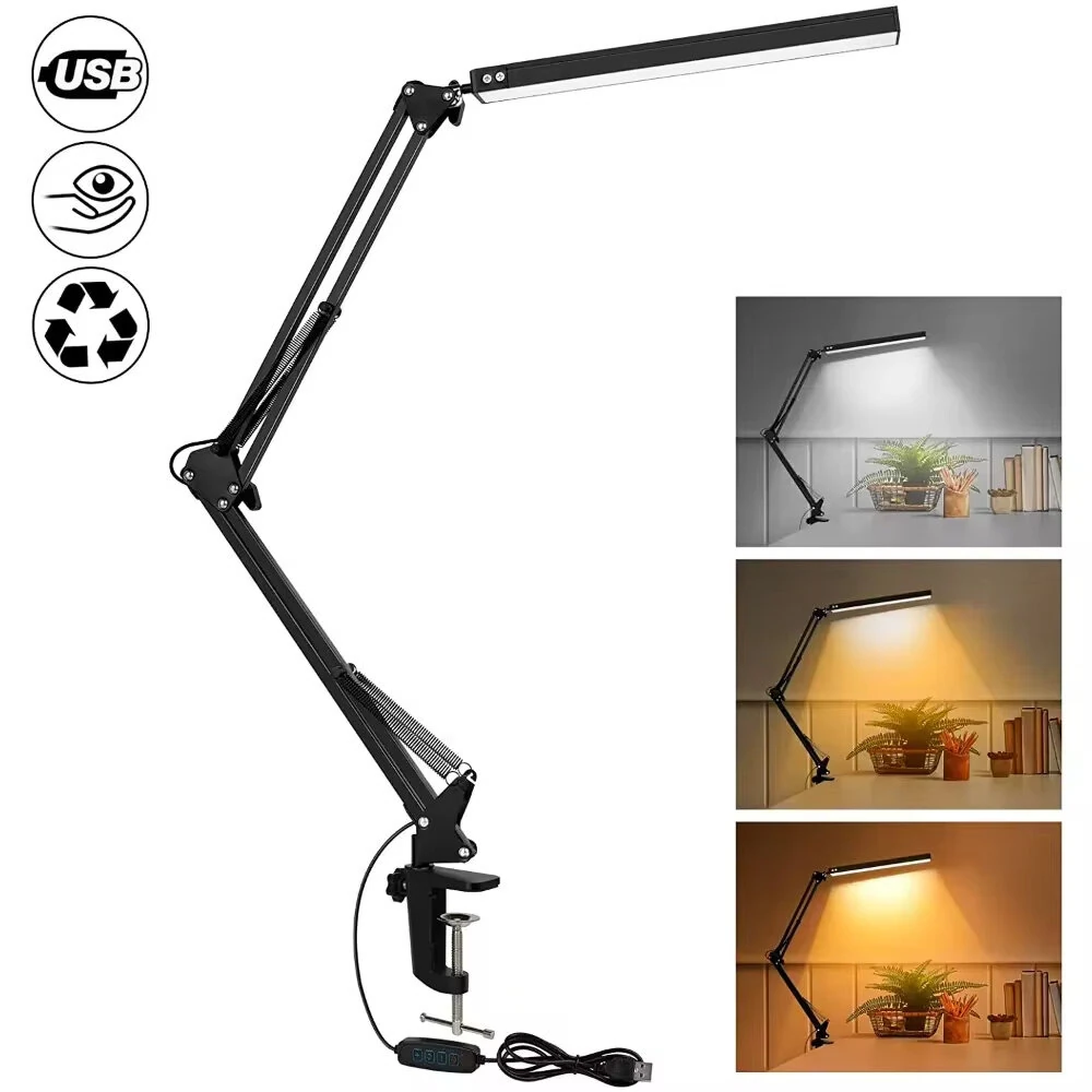 10W LED Desk Lamp with Clamp - Dimmable, 3 Color Modes, Eye-Care Light for Office