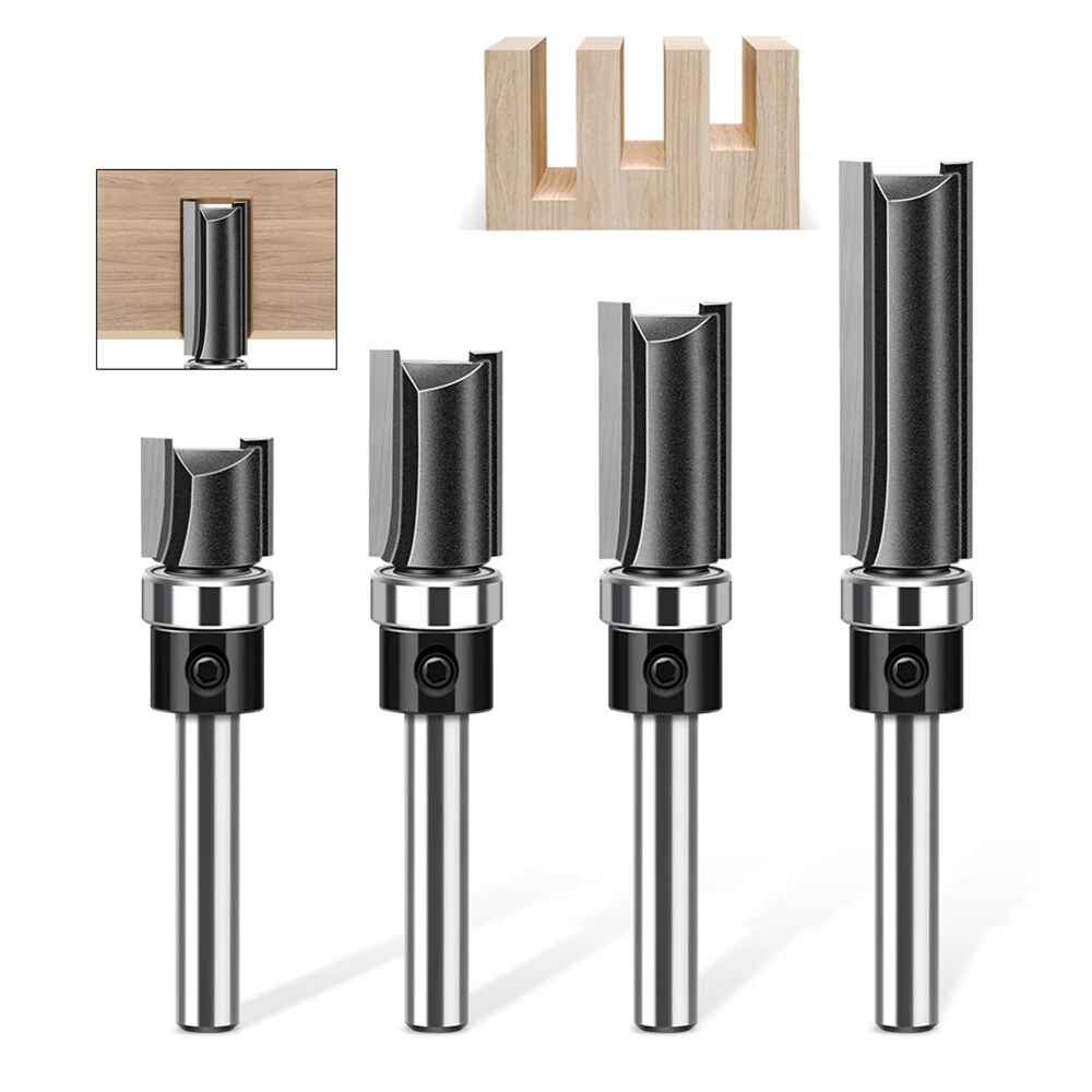 LAVIE 4pcs 1/4 Inch Shank Straight Router Bit | 6mm with Bottom Bearing | Woodworking Trimming Cutter