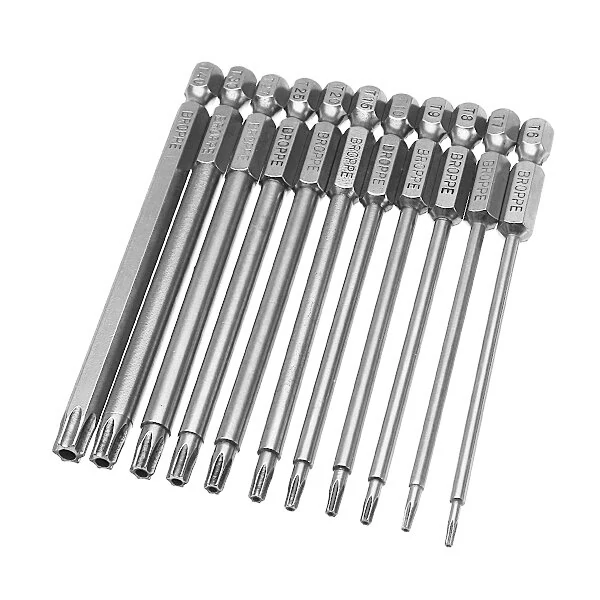 Broppe 11pcs T6-T40 Torx Screwdriver Bits - 1/4 Inch Hex Shank 100mm