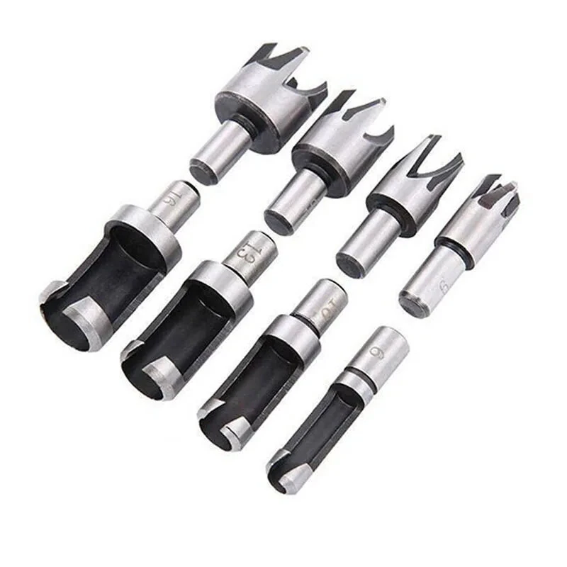 8 Pc Carbon Steel Wood Plug Cutter Set - Straight & Tapered Drill Bits