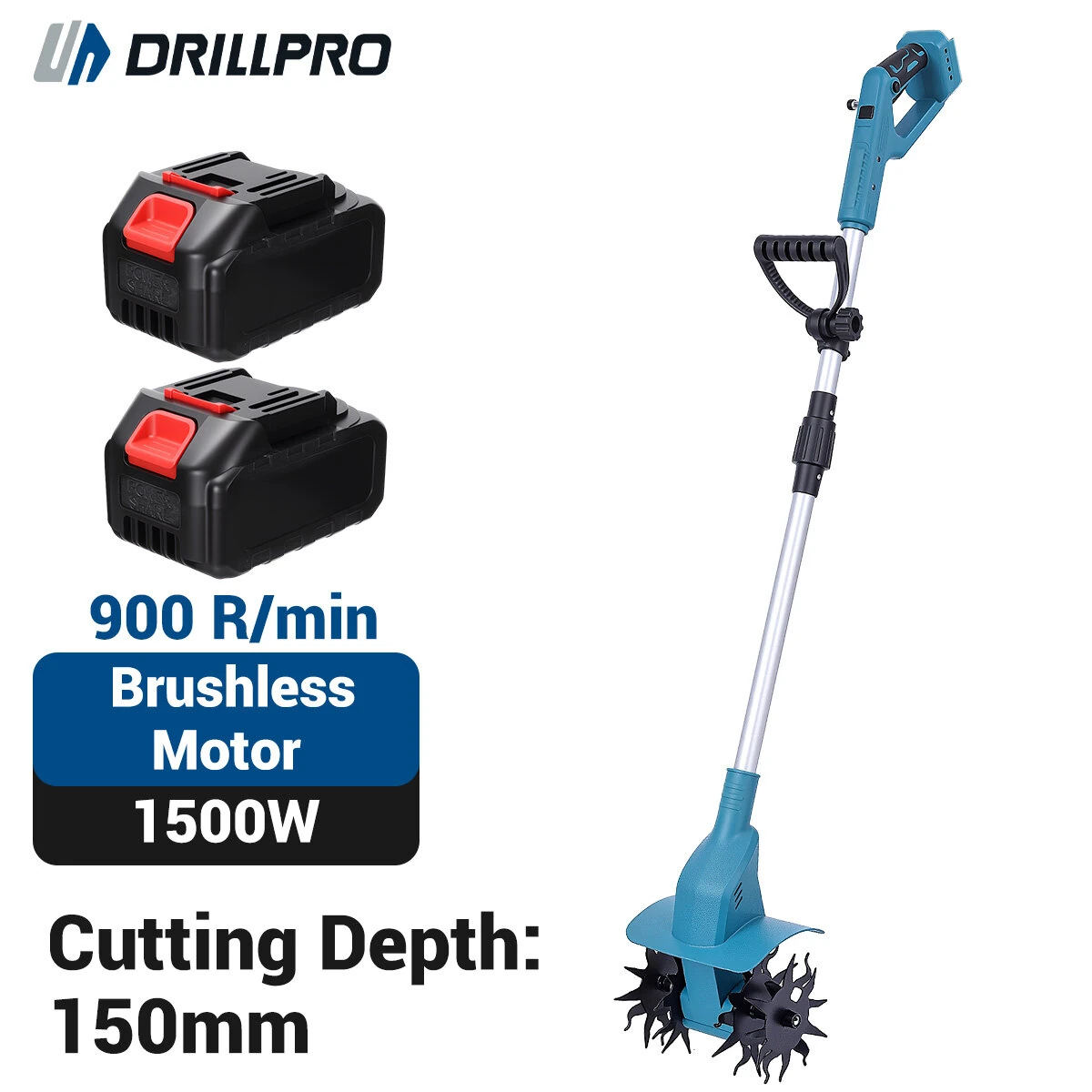 Drillpro Electric Cultivator | 21V 1500W Brushless Motor | 2 Batteries & Handheld