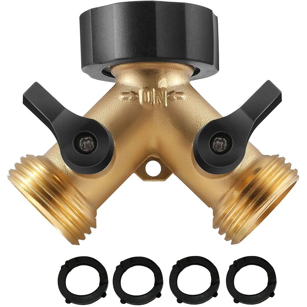 Solid Brass 2-Way Y Valve Garden Hose Splitter | Ball Valve Dual Ports - 3x3x2 in