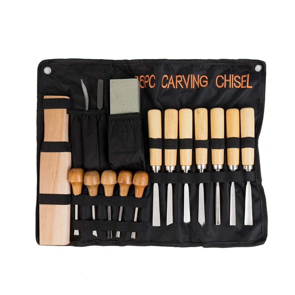 16 Pc Wood Carving Tools Set - Chromium Vanadium Steel Chisels with Sharpening Stone